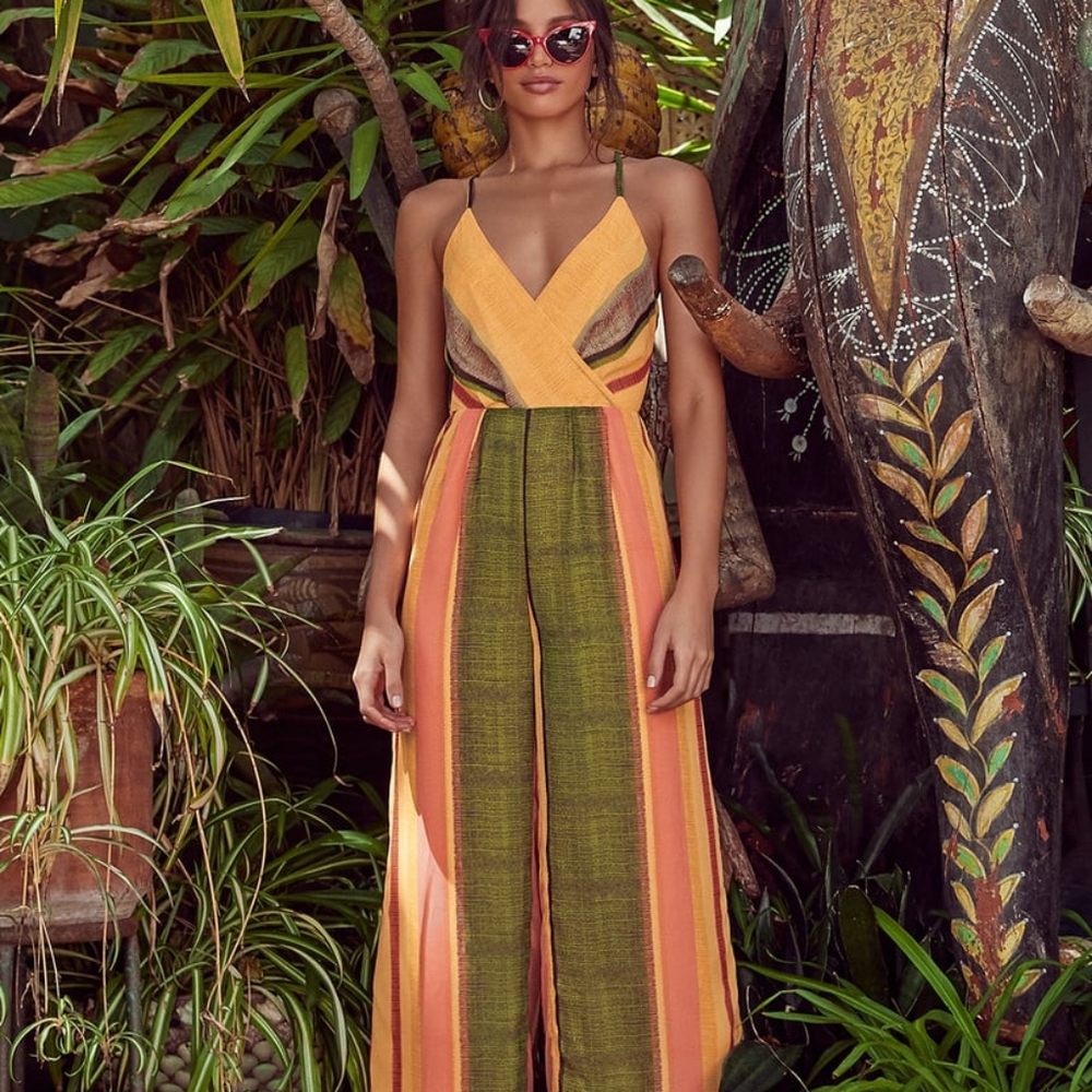 Lulu's Beach Club Golden Yellow Striped Wide-Leg Jumpsuit